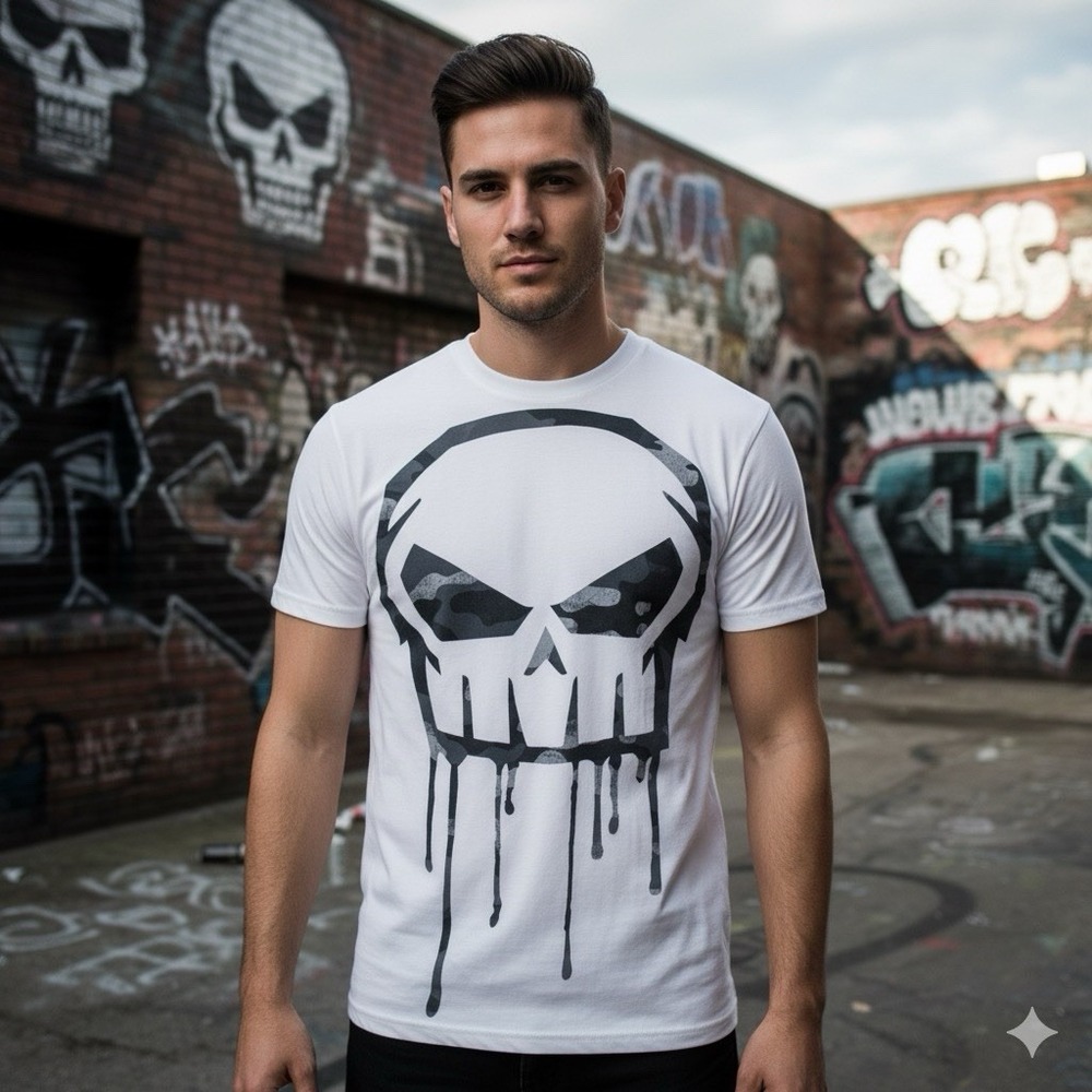 No Fear XXL Skull Drip Graphic Tee White Camo Print Shirt Vintage Y2K